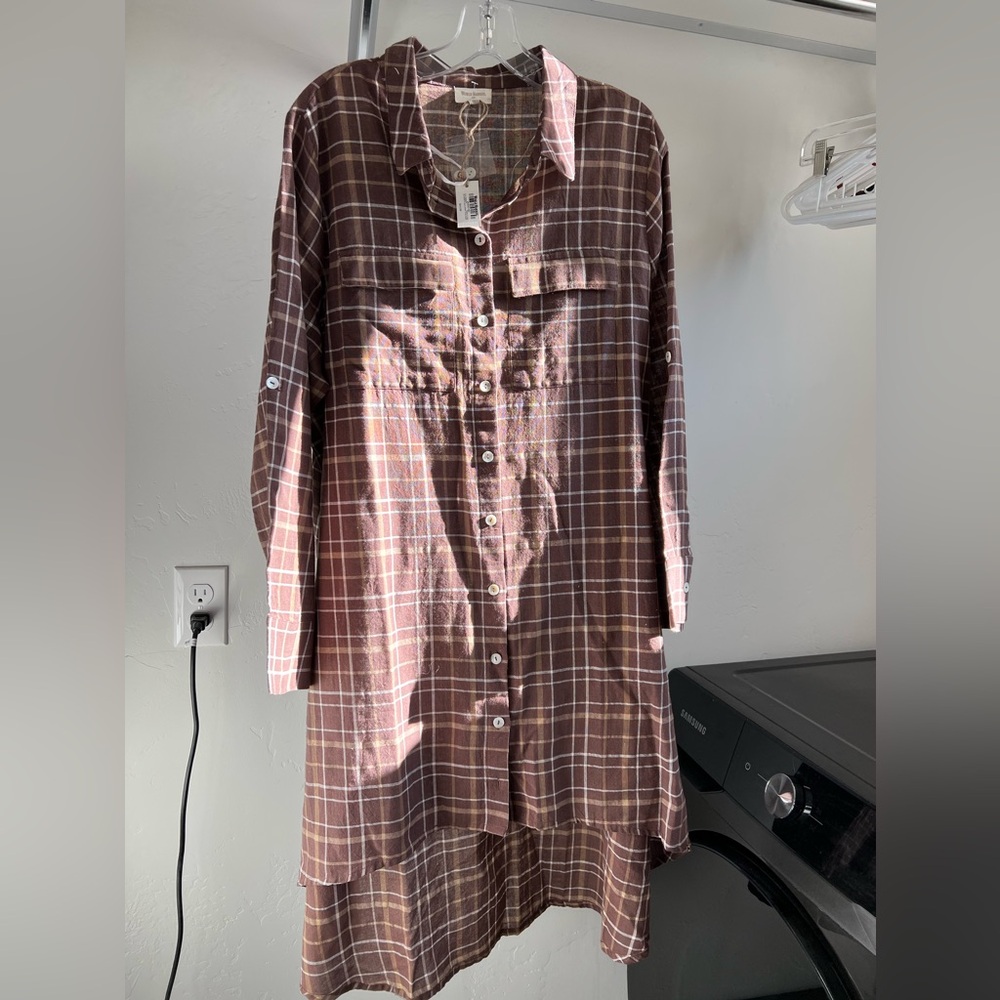 World Market Brown Plaid Linen Dress-One size